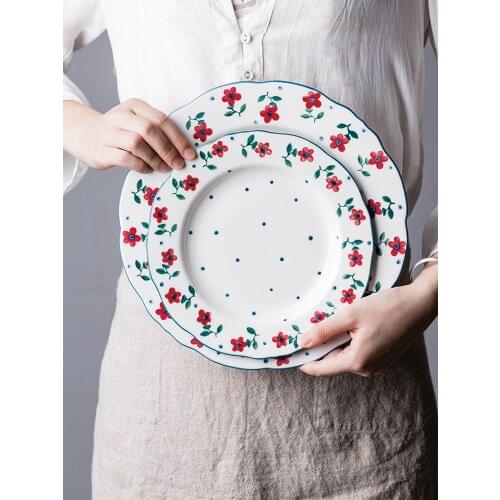 EECAMAIL Japanese-style Hand Color Small Red Flower Ceramic Tableware Western Dish Steak Dish Household Rice Bowl Soup Bowl Mug