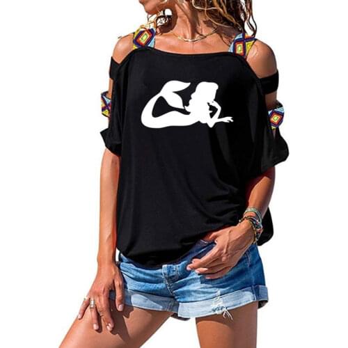 Mermaid Print T-shirt Fashion WoMen Cotton Short Sleeve Sexy Hollow Out Shoulder Tee