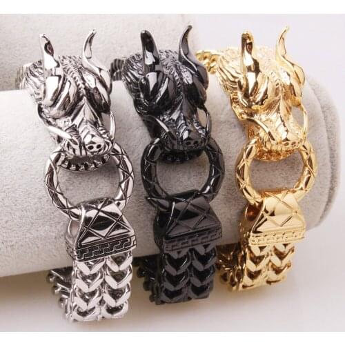 Hip Hop Dragon Head Stainless Steel Heavy Mens Bracelet Vintage Fashion Jewelry Gold Black Color Accessories Male Bracelets