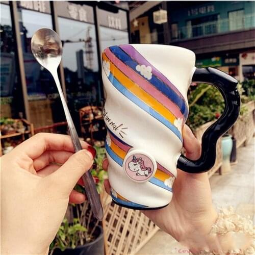 520ml Unicorn Mugs Cartoon Rainbow Horse Spiral Water Bottle with Cover and Spoon Large Capacity Lovely Ceramic Coffee Mug