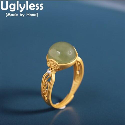 Uglyless Filigree Hollow Rings for Women Simple Blank Gemstones Jade Rings Nature Hotan Jade Jewelry 925 Sterling Silver Jewelry