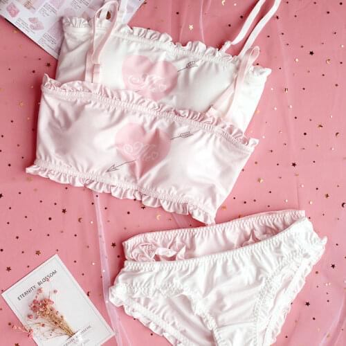 Japanese Sexy Underwear Set Women Lingerie Ultra Thin Bra and Panty Set Cute Cartoon White Pink Wire Free Bra Thong Ruffles 2pcs