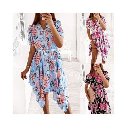 Summer Dress For Women 2021 Fashion Color Bandage Short-sleeved Slim Irregular Dress Harajuku Print Womens Sexy Pullover Dress