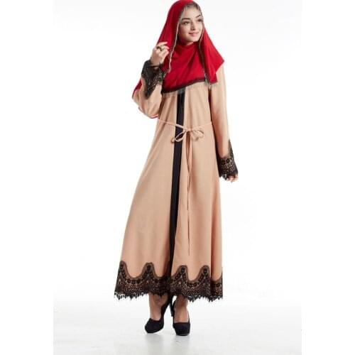 Hot Sale Simple Muslim Dress Lace Embroidery Long Muslim Abayas Women Modest Wear Clothing EID robes F3016 With Belt