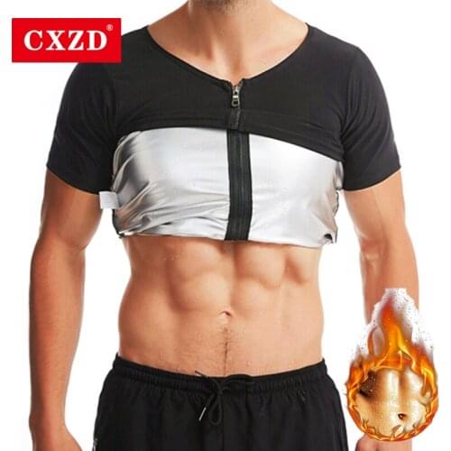 CXZD Hot selling Zipper Shirt Men Silver ion coating Sweat Sauna Suits Body Shapers Gym Short sleeve Tops Corset Fitness Workout