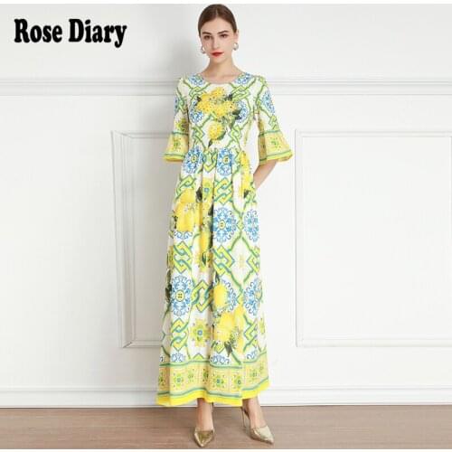 RoseDiary Fashion Designer dress Spring Womens Dress Butterfly Sleeve Beaded lemon Classic Print Vacation Dress Maxi Robe Chic