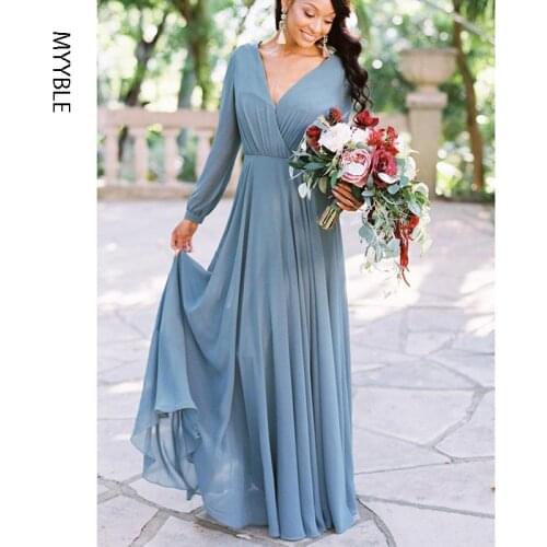 MYYBLE Excellent Pale blue Deep V-neck Long Sleeves Full-Length dress wedding guest bridesmaid dresses dress for wedding party