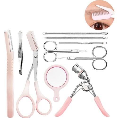 Portable Eyebrow Trimmer Scissors Set Eyebrow Hair Removal Eyelash Curler Acne Needle Eyebrow Comb Scissors Makeup Tool Set