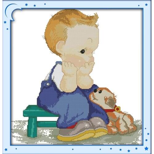 Boy and dog Cross Stitch Kits Embroidery Needlework Kit Childrens day gift Printed Canvas DMC Counted printed Cross-stitch set
