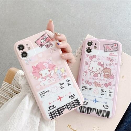 NEW Cute Cartoon Kitty Air Ticket Pattern Phone Case for iPhone 12 Girls Pink Soft Cover for iPhone 11/7/8/X/XR/XS/MAX Shells