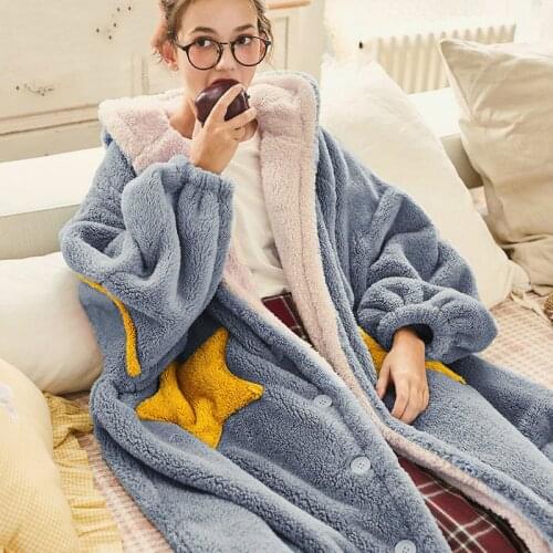 Autumn and Winter Nightdress for Women Hooded Sleepwear Long Thickened Flannel Couple Star Nightgown Home Outer Wear Nightdress