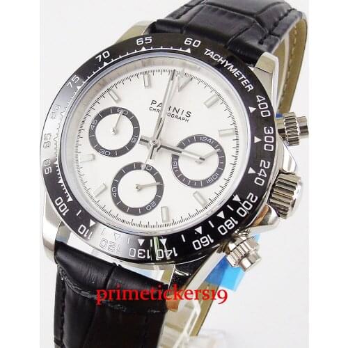 PARNIS Chronograph Function white dial leather strap buckle clasp stainless steel quartz mens watch