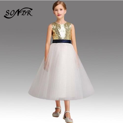 Sequin Flower Girl Dresses HT129 O-neck Sleeveless Shining Kids Communion Dress Backless Bow Flower Girls Ball Gowns Costumes
