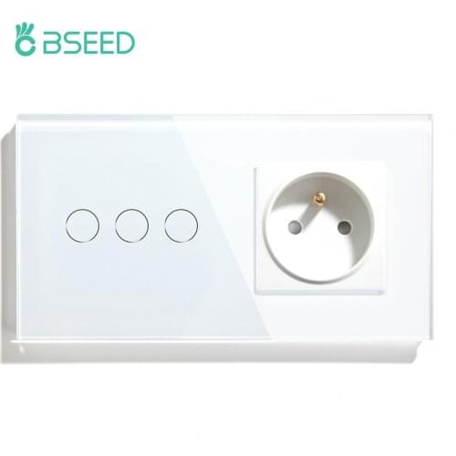 BSEED Touch Light Switch 1 Gang 2 Gang 3 Gang With FR Wall Socket White Black Gold Wall Sensor Switch Crystal Glass Panel Home