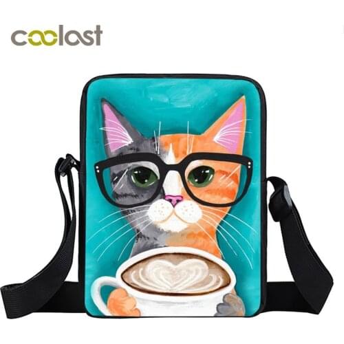 Coffee Cat Shoulder Bag Kitten Crossbody Bags Women Handbag Girls Bookbag Ladies Canvas Mini Messenger Bag