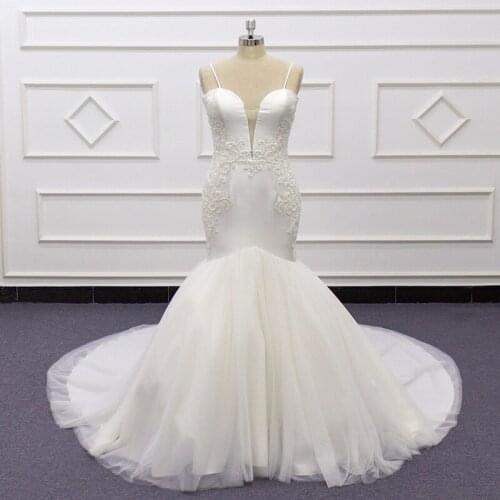 Molanda Hung 2021 Wedding Dress Spaghtti Straps Sweetheart Neckline Mermaid Appliques Beading Satin Tulle Lace Up SJ349-1