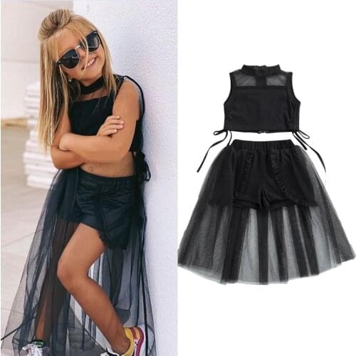 FOCUSNORM 2-8Y Summer Kids Girls Fashion Clothes Sets 2pcs Solid Lace Back Zipper Sleeveless Vest Tops Short Skirts