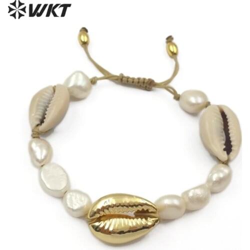 WT-B455 Natural Freshwater Pearl&Cowrie Bracelet White Pearl With Cowire She0ll Charm Handmade Bracelet Summer Beach Jewelry