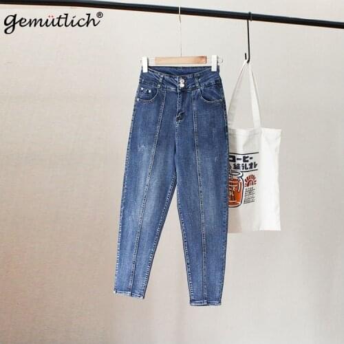 GEMUTLICH Plus Size Women Denim Ankle-Length Harem Pants High Waist Elasticity Loose Casual Trousers