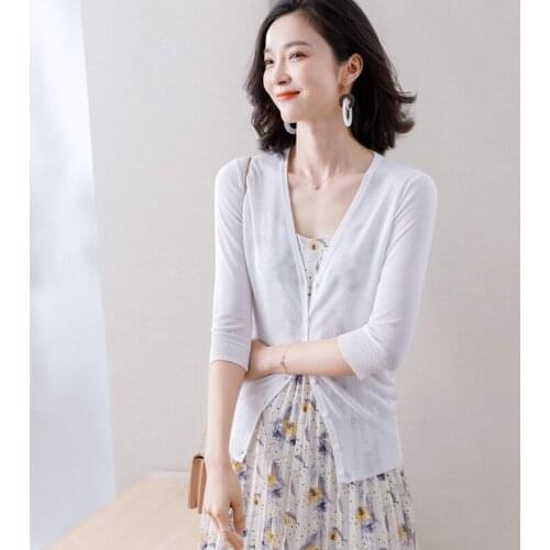 Knitted Cardigans Women Sweater Summer Ice Silk Thin Air Conditioner Sunscreen V-Neck Fashion Female Knitwear Coat Outwear
