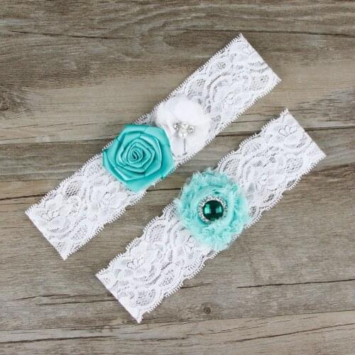 2pcs/Set Bridal Teal White Puff Flowers Beaded Garter Set Keepsake Toss Vintage Lace Garters Wedding Bridal Accessories
