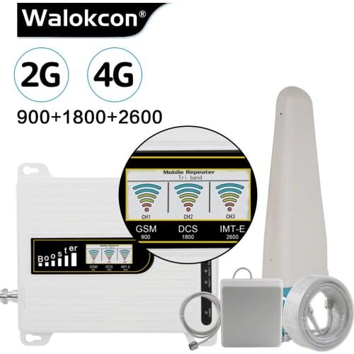 2019 New Repeater GSM 900 DCS/LTE 1800 LTE 2600 mhz tri band Moblie Signal Booster B3 B7 70dB Gain 4G LTE Amplifier Antenna set