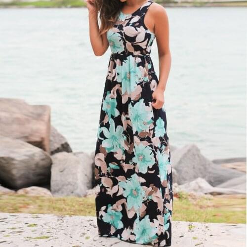 #35 Dress Women 2019 Blue Dress Sleeveless Floral Print boho Maxi Dresses with Pockets vestiti eleganti donna cerimonia sera