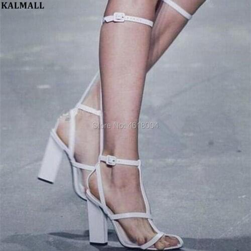 KALMALL Fashion Runway Knee High Sandal Boots T-strap Gladiator Block High Heels Cut Outs Sandals Summer Boots Women