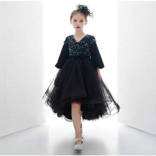 Flower Girl Dress Illusion Short Sequined V-Neck Princess Knee-Length Luxury Black Lace Elegant Tulle Lovely Kid Party Gown H188