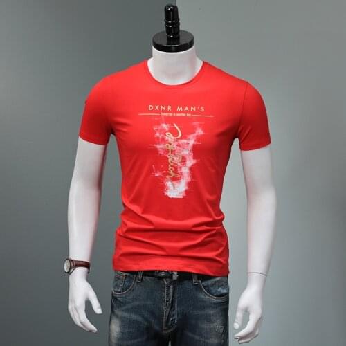 Mens Short Sleeve T-Shirts Cotton Print O-Neck Slim Stretch Tshirt Summer Fashion Black Clothing