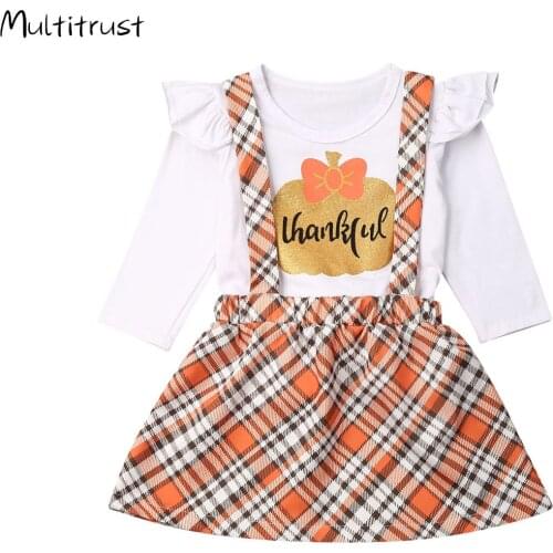 2Pcs Set Toddler Kids Baby Girls Autumn Cotton Clothes Halloween Pumpkin Ruffles Top T-shirt Plaid Strap Skirt Outfit