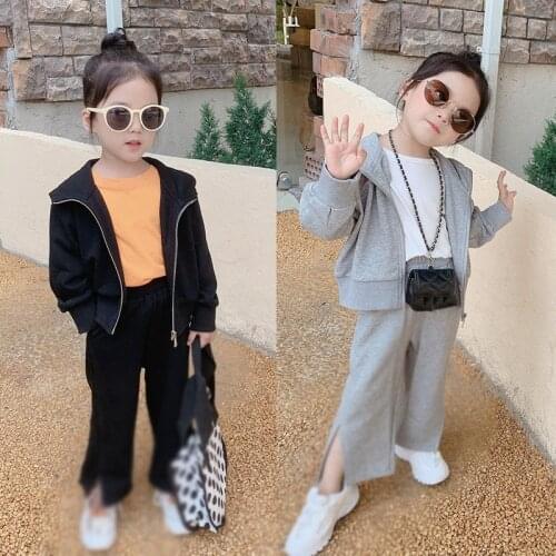 New Autumn 2021 ChildrenS Sweater Sets Baby Kids Simple Korean Hooded Tops +Trousers With Split Legs 2pcs Girls Clothing Suit