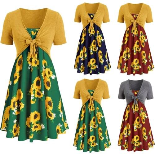 Two Piece Dress Women Sunflower Print Summer Mini Dress Fashion Knotted Short Sleeve Tunic Tops Casual Party Dress Beach Suits