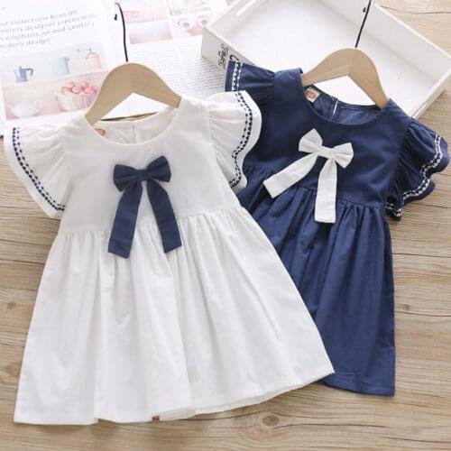 2020 summer childrens cute bow A-line dresses baby girl embroidery short-sleeved Casual a-line princess dress