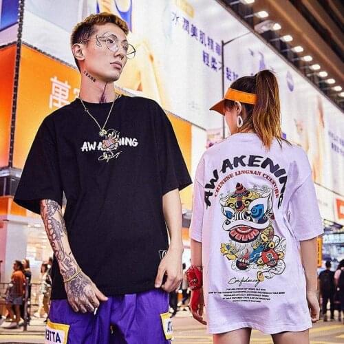 Summer fashion brand lion waking Chinese style printing loose student couple short sleeve T-shirt hip hop Street half sleeve top
