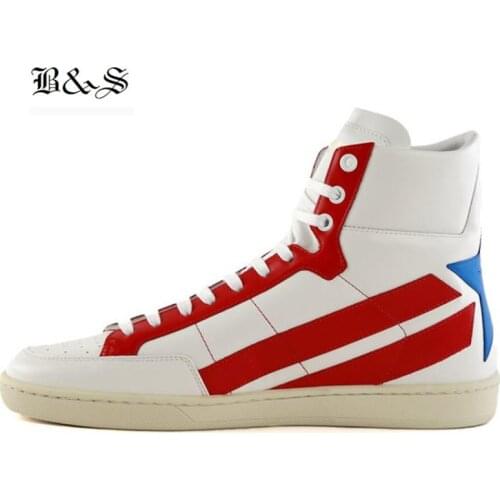 Black& Street New Handmade Mens Genuine Leather High Top causal Shoes Luxury Breathable Patchwork Flat Trainer Shoes