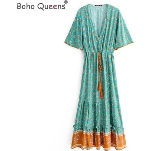 Boho Queens fashion women printing V-neck lace collar beach long Bohemian dress Ladies V neck Tassel Summer Boho
