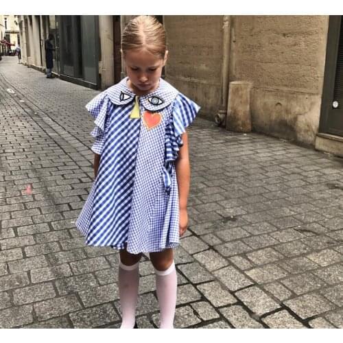 Retail 2021 Summer Baby Girls Blue Striped Plaids Dress, Princess Kids Fashion Clothing 3-7T