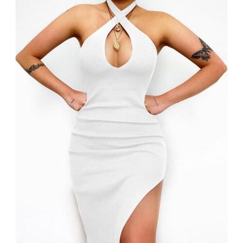Sexy Womens Long Dress Summer Cross Halter Sleeveless Female Split Midi Party Dresses 2021 Ladies Bodycon Knitted Vestidos
