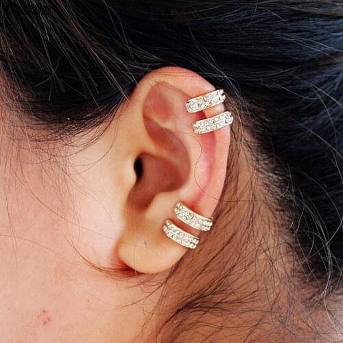2Pcs Crystal Ear Cuff For Women Gold Color C-Shape Non-Pieced Earring Earcuff Small Sized 2 Rows Rhinestone Ear Clip Jewelry