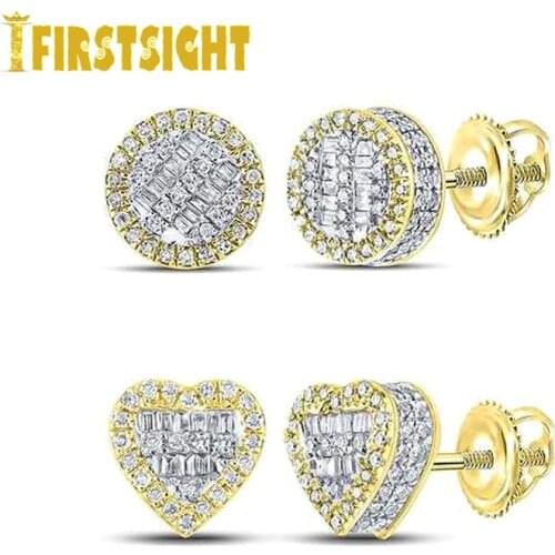 Iced Out Bling Micro Pave CZ 5A Cubic Zircoina Round Heart Shaped Screw Back Earring Two Tone Color Hip Hop For Women Jewelry