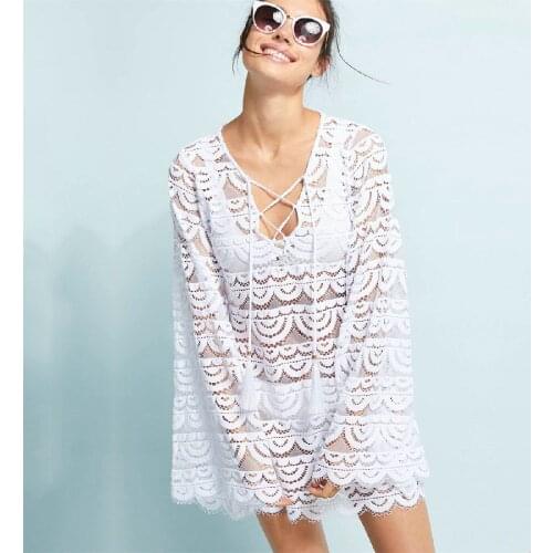Navy Lace Cover Ups Swimwear 2021 Sexy Bikini Pareo Beach Cover Ups Beachwear Women Bandage Dress Bathing Suit Cover up #Q575
