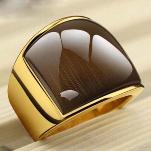 Top Quality Gorgeous Men Ring Wide Style Stainless Steel Gold Tone Ring With Opal Fashion Male Jewelry