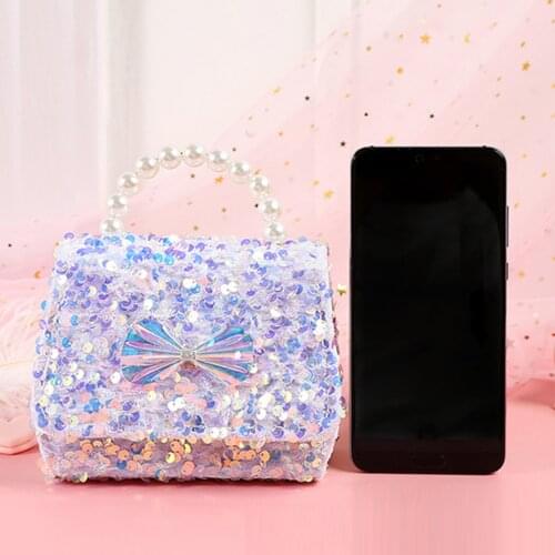 Women Girls Shoulder Bag Shiny Glitter Sequin Crossbody Bag Fashion Pearl Handle Bow Princess Handbag Lipstick Phone Storage Bag