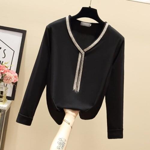 2021 Long Sleeve T shirt Women Tshirt Cotton Korean Style White V-Neck Beading T-shirt Women Clothes Tee Shirt Femme