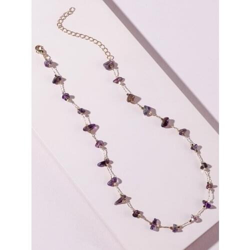 2021 Summer Women Exquisite Dainty Chain Purple Natural Crushed Stone Short Necklace 16 Inch