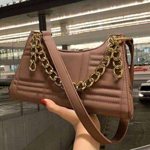 Vintage Chain PU Leather Baguette Shoulder Bags For Women 2021 Small Womens Designer Zipper Handbag Female Travel Armpit Bag