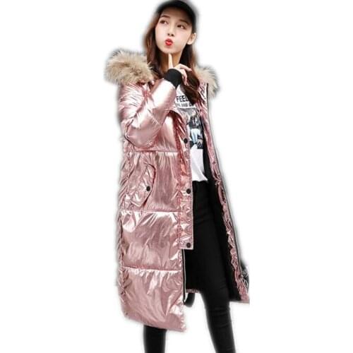New Fashion Streetwear Winter Women Jackets 2018 Bright Long Sleeve Down Jackets Female Hooded Fur Collar Long Parkas Mujer Q924