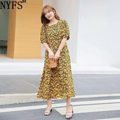 NYFS 2021 Korean New Loose Comfortable Square Collar Woman Dress Vestidos Robe Elbise Fat mm Fashion Korean silk Summer Dress