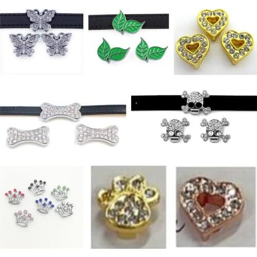 10PC/lot 10MM Rhinestones Skull Dog Bone Crown Slide Charms Fit For 10mm DIY Leather Wristband Bracelet Keychains